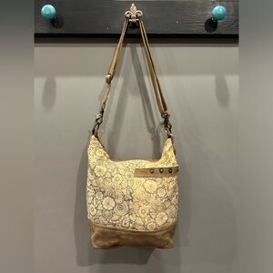 Myra Bag Upcycle Taupe/brown Canvas Print Crossbody Bag